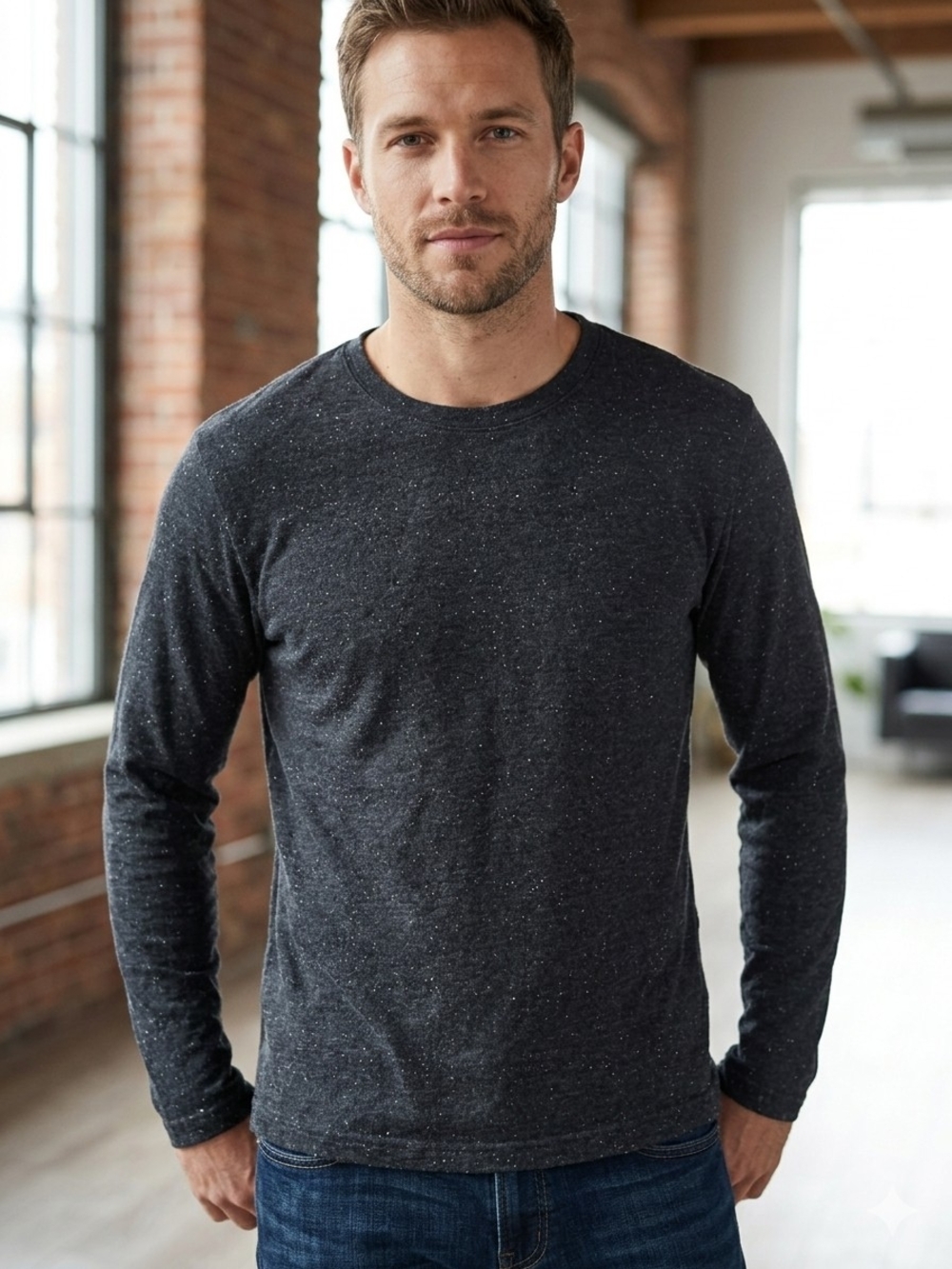 Kangol Men's Long-Sleeve Heathered Crewneck - Dark Charcoal